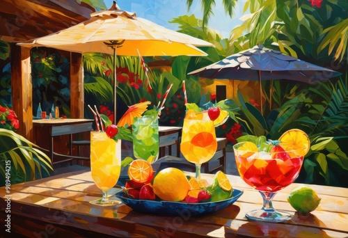 vibrant drink colorful umbrellas bright fruits table sunlit outdoor setting, cocktail, beverage, tropical, refreshment, summer, party, fun, exotic photo