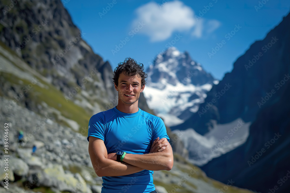 Obraz premium Alpine trail runner standing confidently amidst rugged mountains and clear blue sky, showcasing determination during an outdoor adventure in the alpine landscape