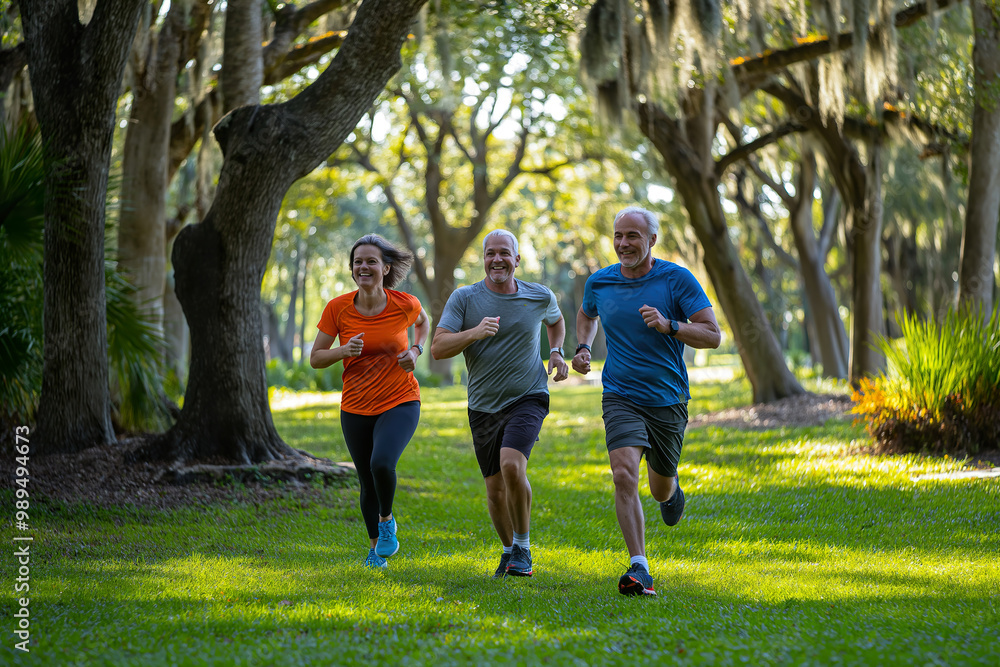 Friends exercising together while running in a serene park surrounded by trees during a sunny day in the afternoon Friends exercising together while running in a serene park surrounded by trees during a sunny day in the afternoon