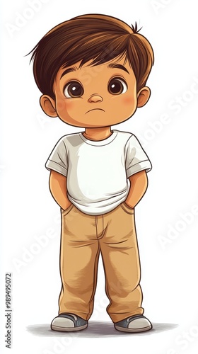 Cheerful Young Boy in Casual Attire Standing With Hands in Pockets, wearing casual clothes