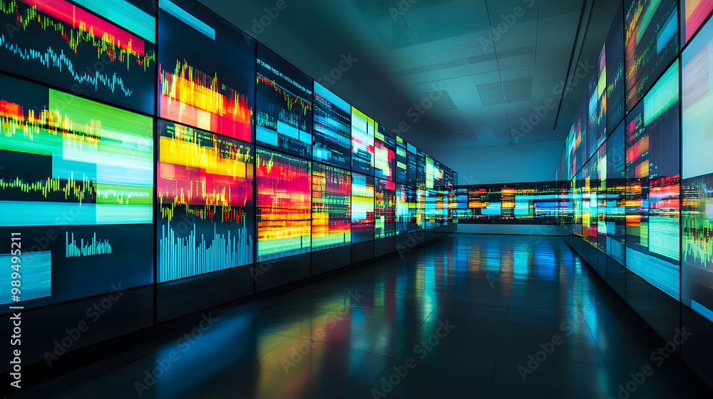 An art installation in a modern gallery featuring digital screens that continuously display fluctuating stock prices in an abstract manner. An art installation in a modern gallery featuring digital screens that continuously display fluctuating stock prices in an abstract manner.
