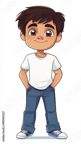Cheerful young boy in casual clothing standing with hands in pockets