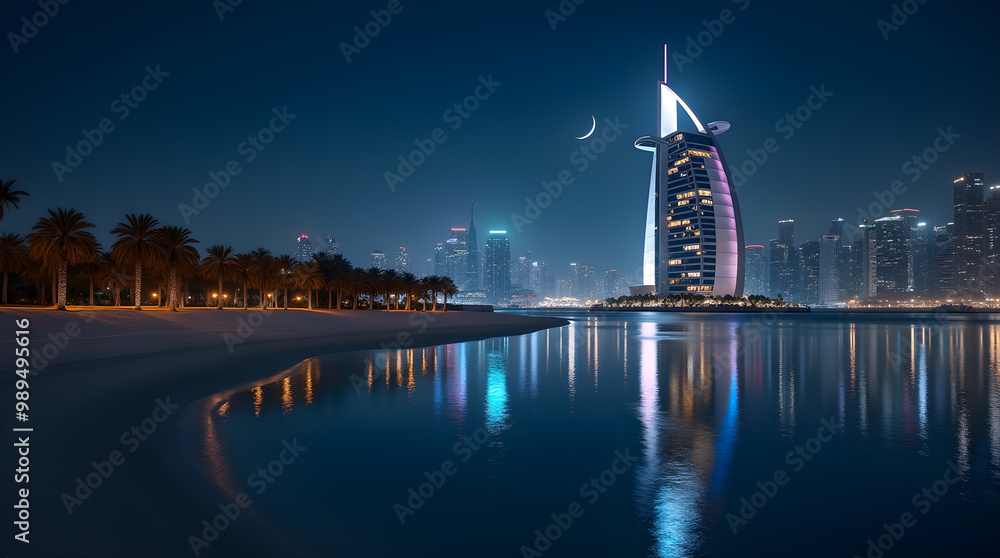 Fototapeta premium Burj Al Arab at Night with Dubai Skyline Reflection