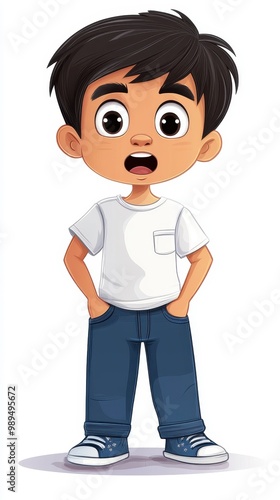 Young boy with surprised expression standing in casual attire
