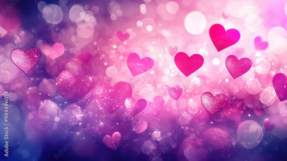 Blurred sparkling hearts and lights create a gradient pink and purple abstract backdrop perfect for expressing romantic themes and love in greeting cards banners flyers or posters Blurred sparkling hearts and lights create a gradient pink and purple abstract backdrop perfect for expressing romantic themes and love in greeting cards banners flyers or posters