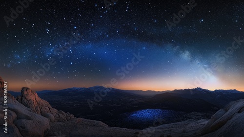 Panorama of a starry night sky illuminated by zodiacal light