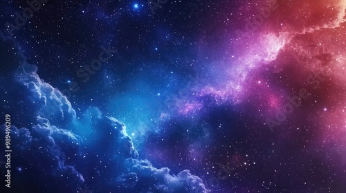 Vast night sky adorned with stars The universe showcases clouds nebulae and galaxies A colorful gradient of blue and purple illustrates a cosmic landscape filled with stardust and the Milky Way