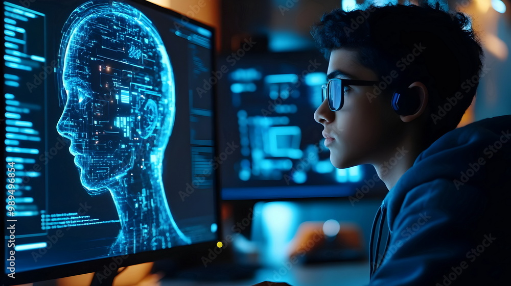 Youth Engaged Virtual Reality Technology Developer Analyzing Digital Human Model Youth Engaged Virtual Reality Technology Developer Analyzing Digital Human Model