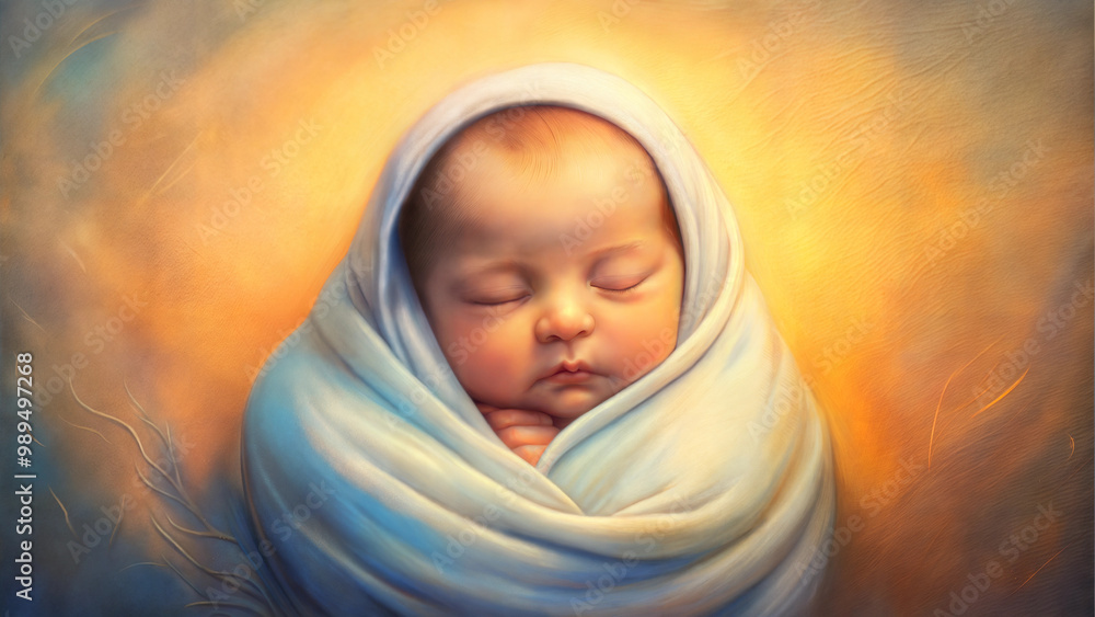 Adorable sleeping baby wrapped in a soft blanket with a warm glowing background Adorable sleeping baby wrapped in a soft blanket with a warm glowing background