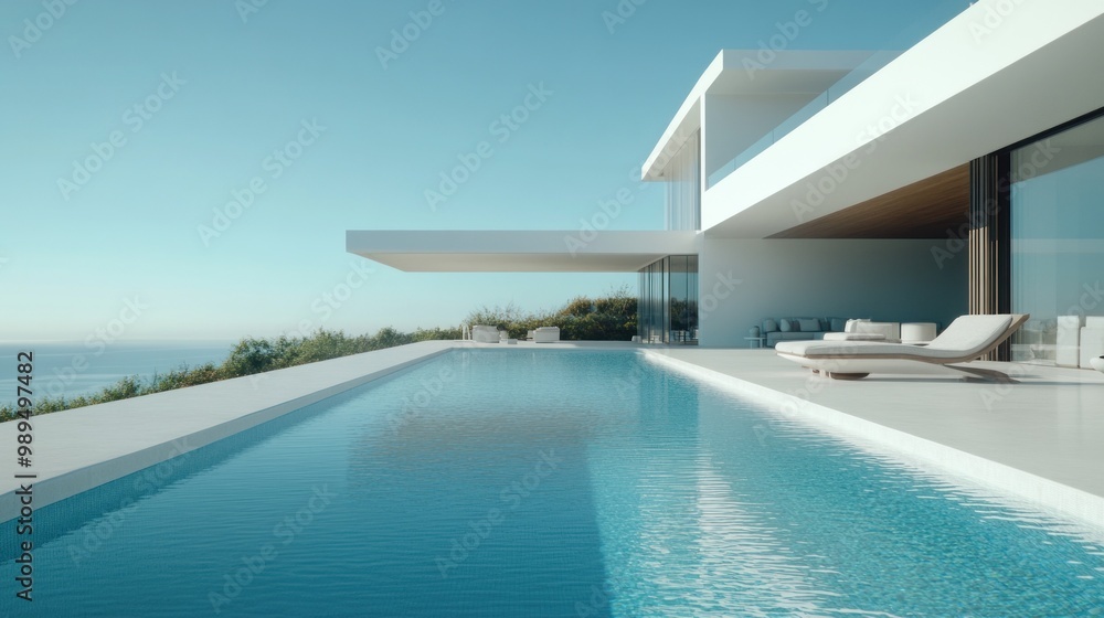 Fototapeta premium A modern white house with a large swimming pool overlooking the ocean.