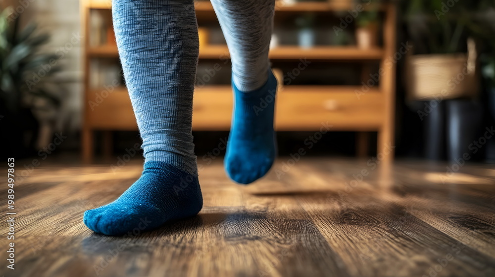 Blue Socks Running Indoor Wooden Floor Comfort Care Happiness Blue Socks Running Indoor Wooden Floor Comfort Care Happiness
