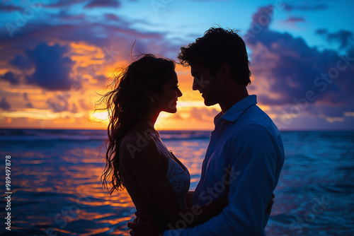 Romantic Couple Silhouette at Sunset on the Beach