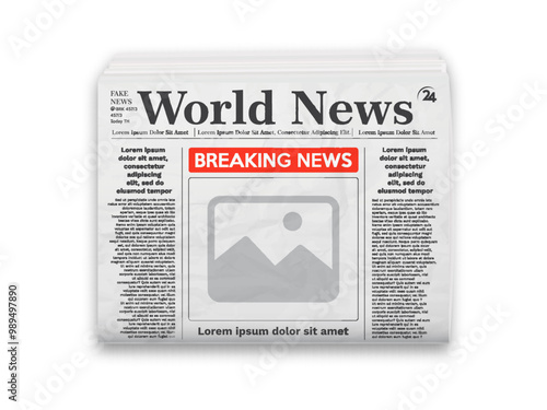 Daily newspaper journal design template with editable headlines quotes text articles and color images. Horizontal folded newspaper layout.