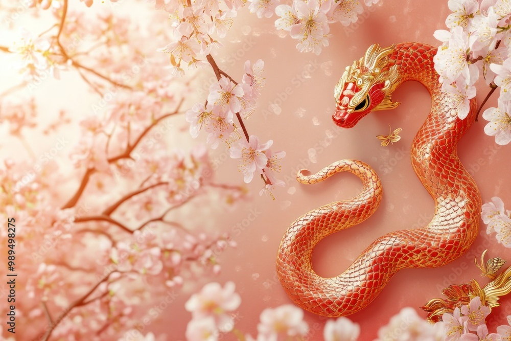Obraz premium Golden Dragon Among Cherry Blossom Petals