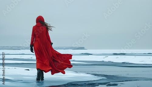 Elegant figure in a red dress strolling along a frozen coastline, minimalistic aesthetic emphasizing serene solitude and icy beauty photo