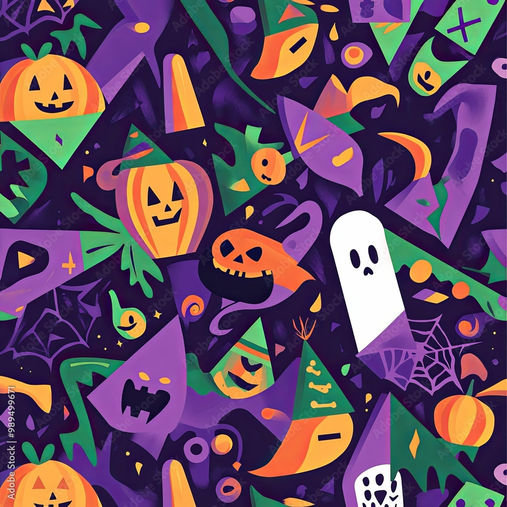 A pattern of geometric shapes in purple, with Halloween icons A pattern of geometric shapes in purple, with Halloween icons