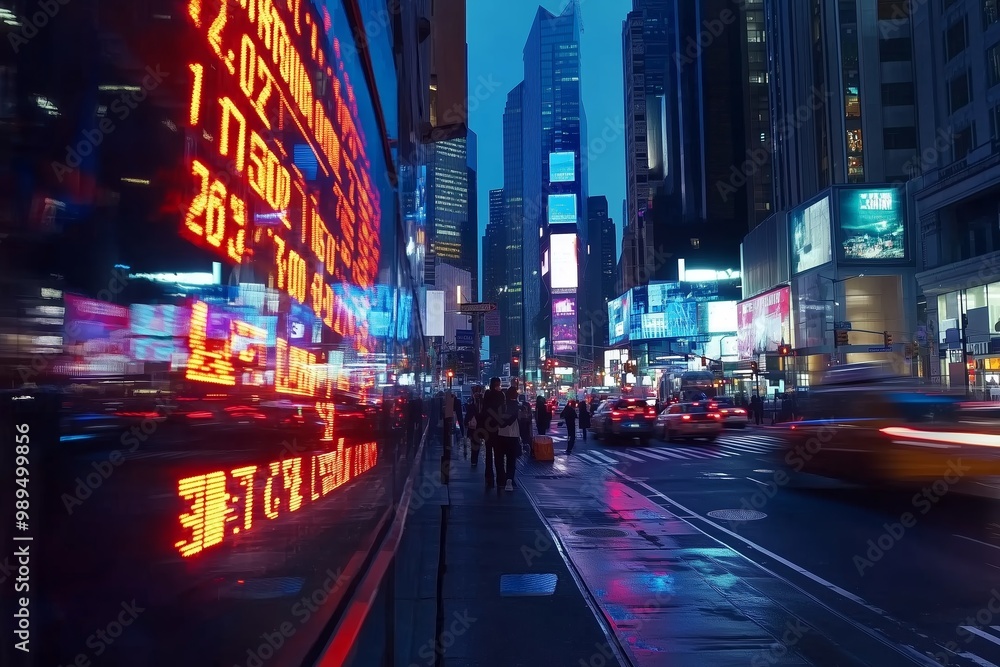 Vibrant Times Square at dusk, bustling streets with taxis and illuminated billboards reflecting on wet pavement Vibrant Times Square at dusk, bustling streets with taxis and illuminated billboards reflecting on wet pavement