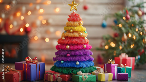 Colorful Christmas tree made of rainbow-stacked layers with golden ornaments and a star on top, surrounded by wrapped presents in a festive holiday setting