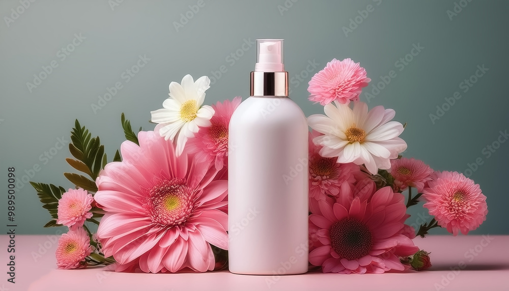 Lotion bottle with fresh flowers beside it isolated on minimalist background Lotion bottle with fresh flowers beside it isolated on minimalist background