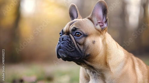 Healthy French Bulldog with elongated snout shown in side profile view