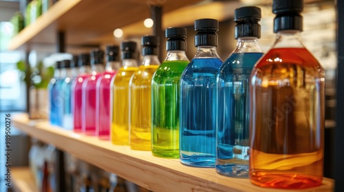 Vibrant water bottles arranged on a wooden display in a contemporary shop environment