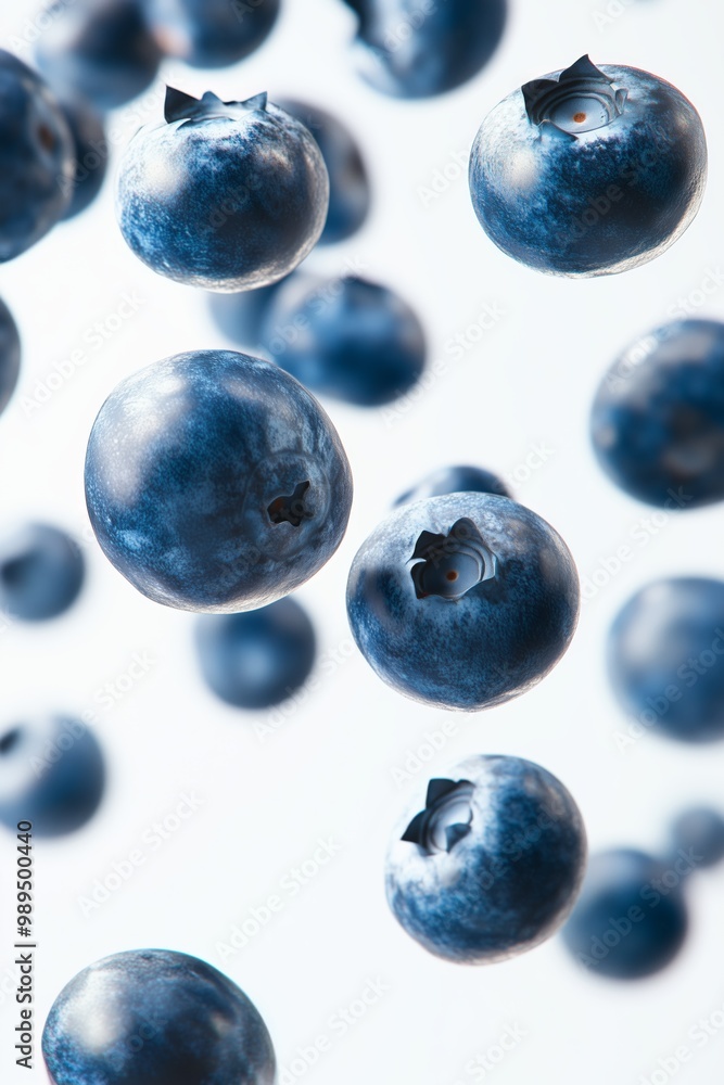 Many fresh falling blueberries isolated on white background. Selective focus Many fresh falling blueberries isolated on white background. Selective focus