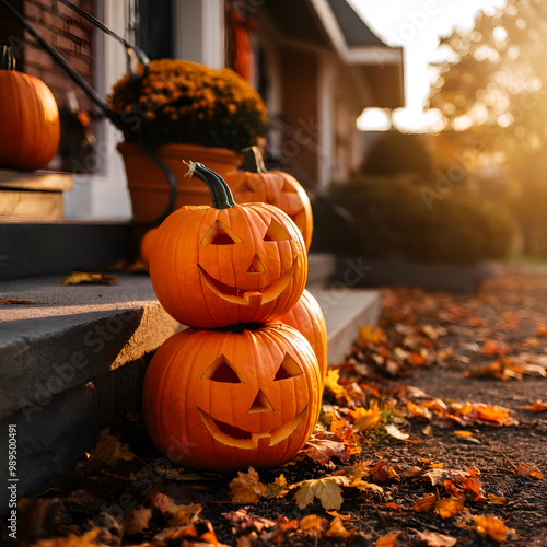 Wallpaper Mural Halloween pumpkins and decorations outside of the house, flowers, exterior home decor, jack lantern, autumn harvest festival. Torontodigital.ca