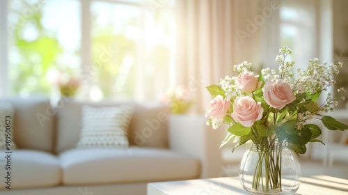 Contemporary living room featuring a sofa and stylish furniture Softly blurred bright space adorned with a sofa and floral accents ideal for use as a background