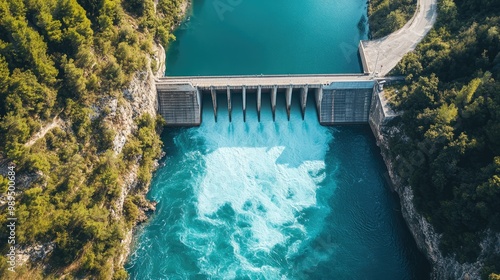 Aerial view of a hydroelectric dam discharging water into a vibrant turquoise river