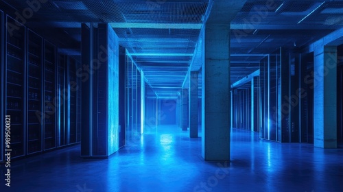 Innovative data warehouse bathed in tranquil blue lighting