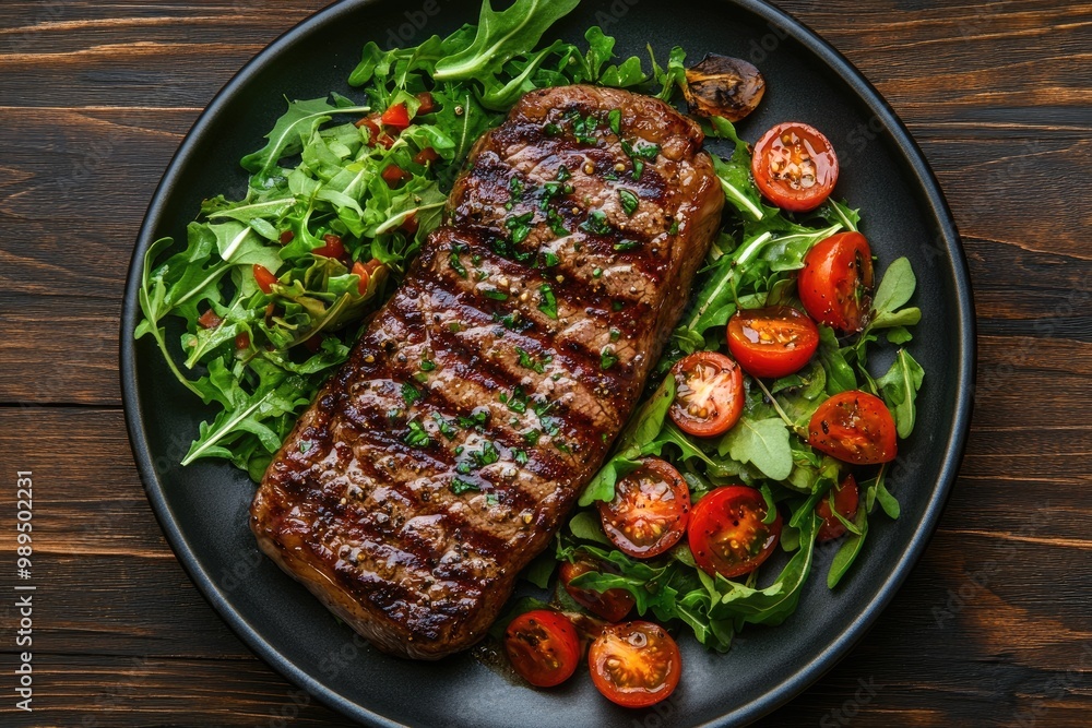 Grilled striploin steak with salad on black plate resting on rustic wooden table Grilled striploin steak with salad on black plate resting on rustic wooden table