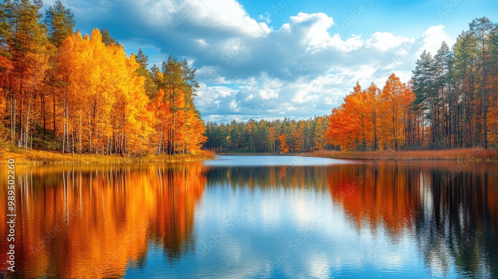 Autumn forest reflecting in calm lake on sunny day Autumn forest reflecting in calm lake on sunny day