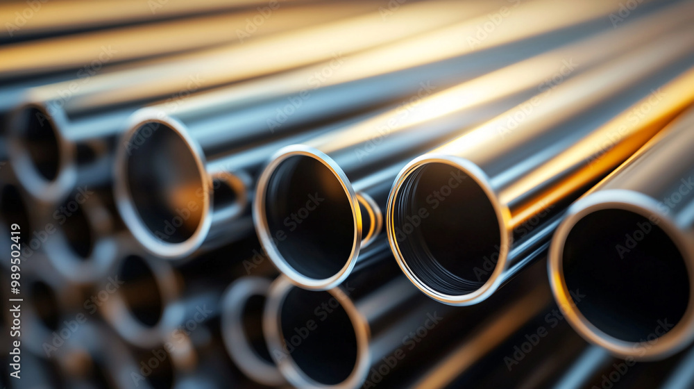 Shiny steel pipes arranged closely in a warehouse setting during sunset hours Shiny steel pipes arranged closely in a warehouse setting during sunset hours