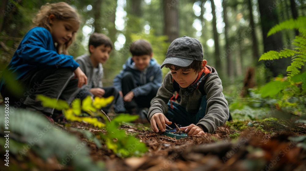 Children exploring nature in a forest while examining small creatures on the forest floor Children exploring nature in a forest while examining small creatures on the forest floor