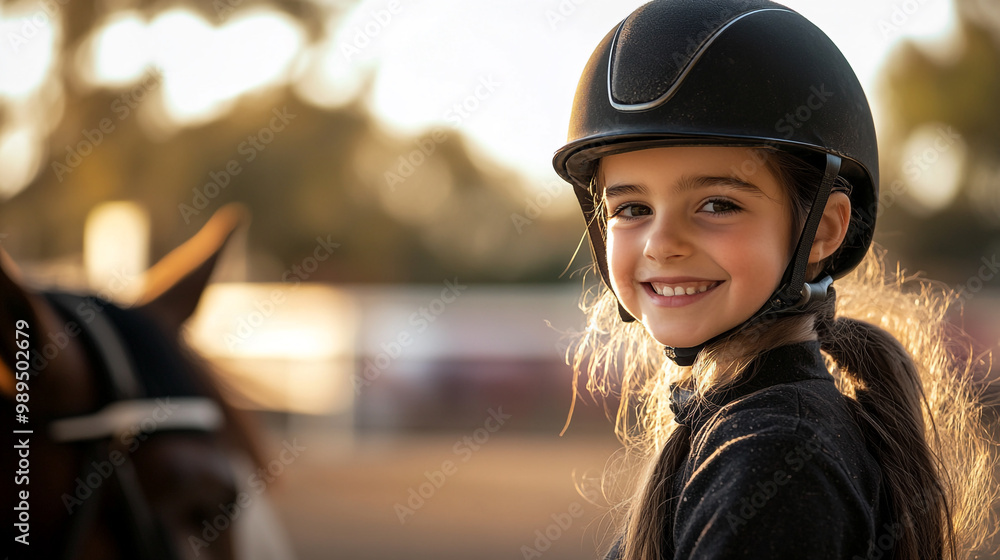 A young girl in riding gear smiles joyfully while sitting on a horse during golden hour at a stable A young girl in riding gear smiles joyfully while sitting on a horse during golden hour at a stable
