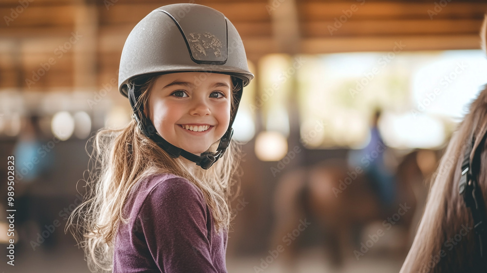 Young girl enjoying riding lessons in a sunny barn with horses around her Young girl enjoying riding lessons in a sunny barn with horses around her