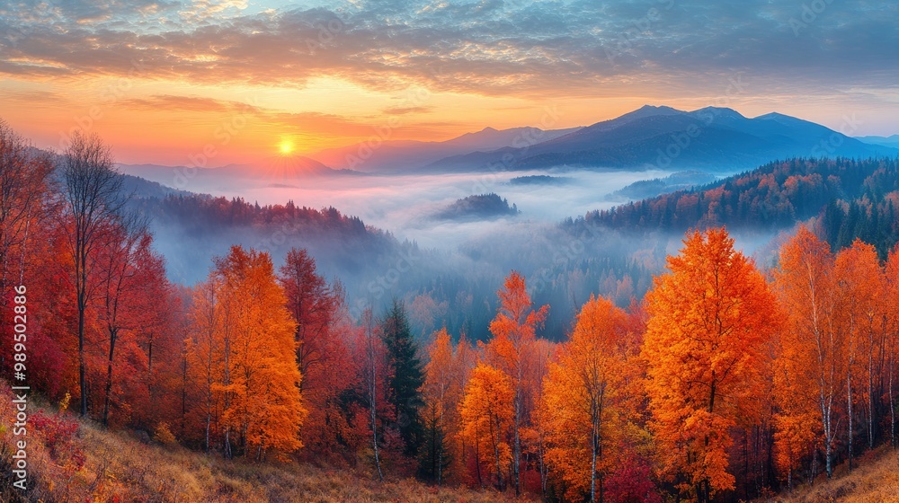 Sun shining over foggy mountains and colorful autumn forest Sun shining over foggy mountains and colorful autumn forest