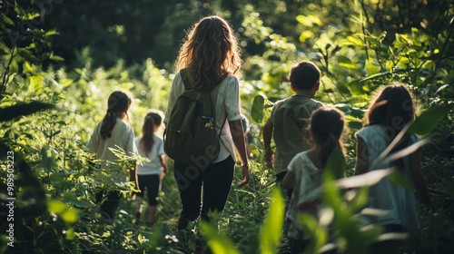 Fototapeta Naklejka Na Ścianę i Meble -  A group of children exploring a lush forest trail under dappled sunlight in early afternoon