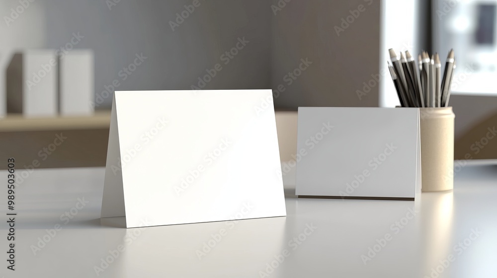 A mockup template set showing white table cards and desk calendars, with 3D isolated views for greeting cards or restaurant menus A mockup template set showing white table cards and desk calendars, with 3D isolated views for greeting cards or restaurant menus