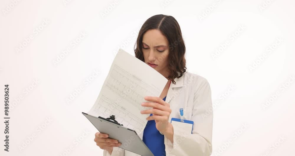 Young woman doctor reviews medical history of patient on white background. Physician studies diagnoses and treatments of patient pinned on clipboard Young woman doctor reviews medical history of patient on white background. Physician studies diagnoses and treatments of patient pinned on clipboard