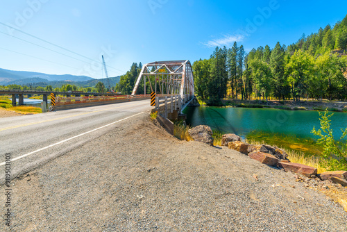 The historic Canyon Road bridge over the Coeur d'Alene River in Cataldo, Idaho, an early mining town in the Silver Valley area of the North Idaho Panhandle. photo