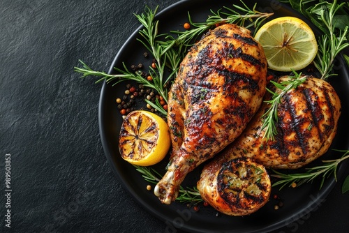 Grilled chicken thighs with lemon and rosemary on black plate photo