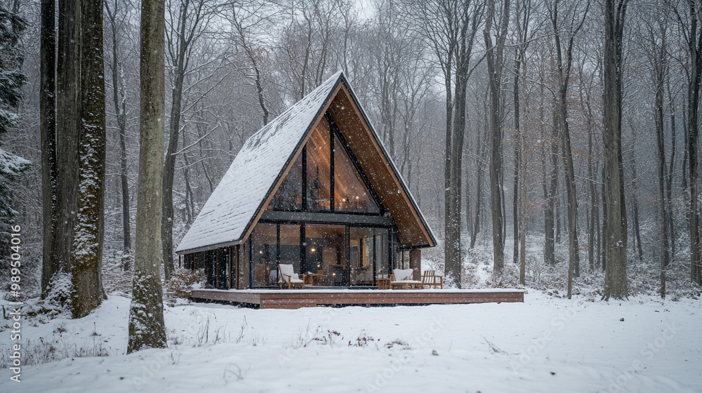 Cozy cabin nestled in snowy forest landscape on a winter day Cozy cabin nestled in snowy forest landscape on a winter day