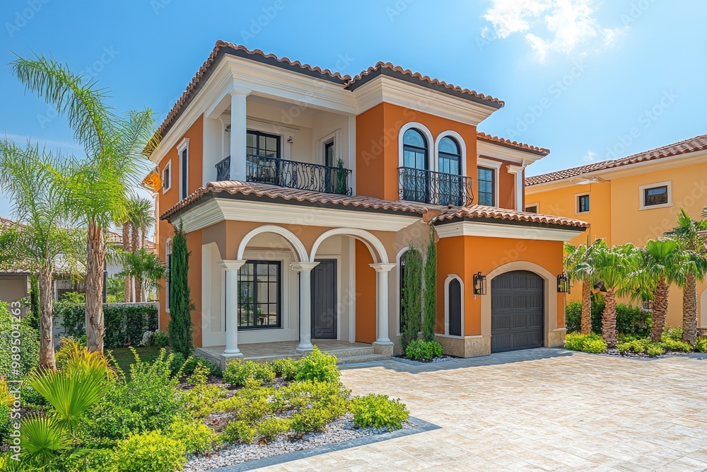 New luxury mediterranean house with orange stucco walls, tile roof and lush landscaping on a sunny summer day New luxury mediterranean house with orange stucco walls, tile roof and lush landscaping on a sunny summer day