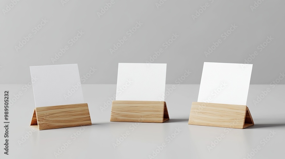 This realistic mockup showcases white place cards on wooden holders from three distinct angles, presented as an isolated vector illustration This realistic mockup showcases white place cards on wooden holders from three distinct angles, presented as an isolated vector illustration