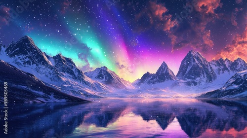 Vibrant northern lights illuminating a serene lake and snow covered mountains Enchanting panoramic winter landscape featuring the Aurora Borealis against a starry night sky