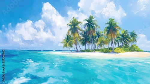 Palm trees flutter softly on a serene island surrounded by vivid turquoise waters beneath a clear blue sky