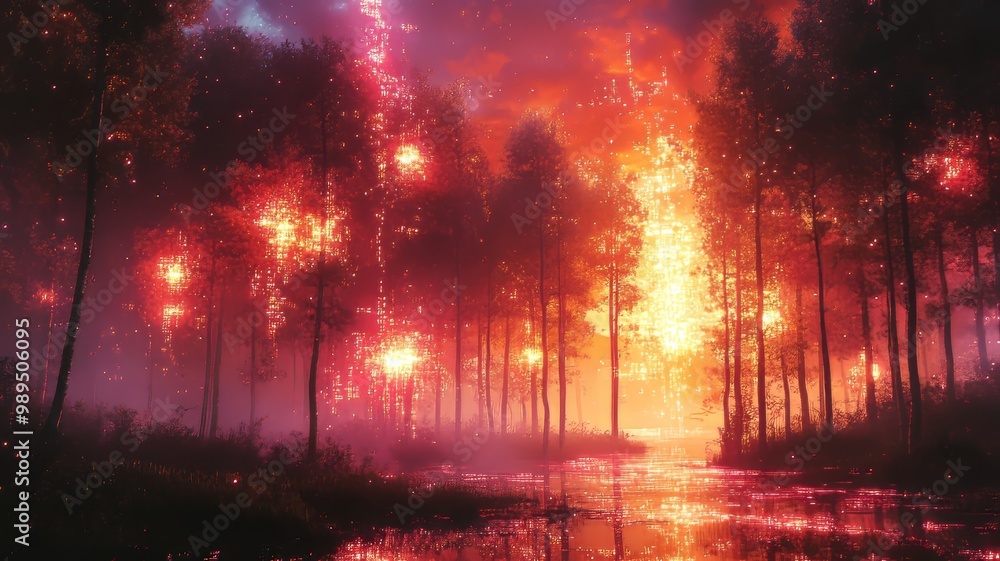 A surreal, glitch-inspired landscape with a forest scene interrupted by digital glitches-pixelated trees, distorted colors, and broken data streams running across the image A surreal, glitch-inspired landscape with a forest scene interrupted by digital glitches-pixelated trees, distorted colors, and broken data streams running across the image