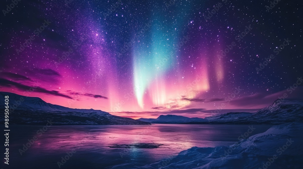 Aurora borealis illuminating a starry night sky showcasing a vibrant landscape in a cold setting Aurora borealis illuminating a starry night sky showcasing a vibrant landscape in a cold setting