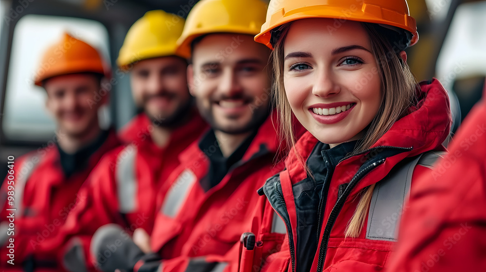 A group of people wearing red safety gear are smiling for the camera A group of people wearing red safety gear are smiling for the camera